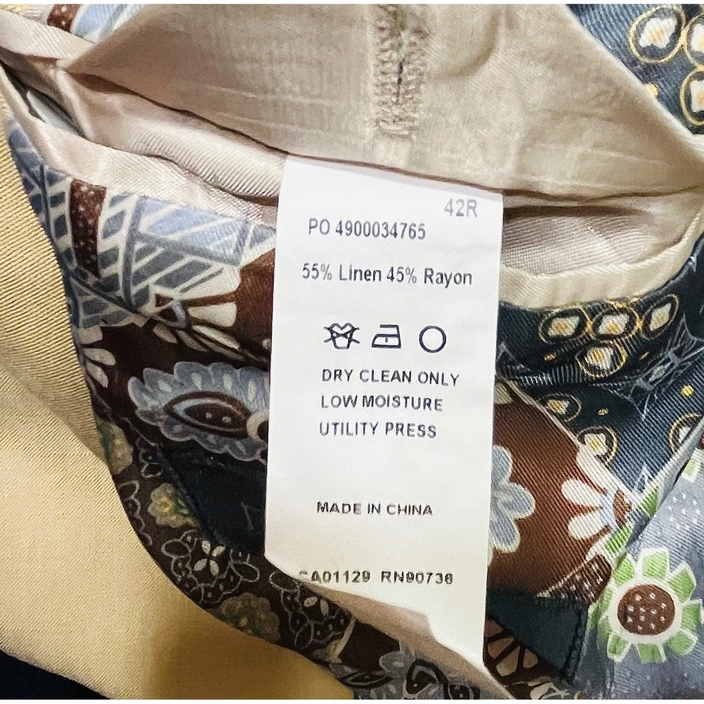 Tallia Linen Blend Blazer Mens 42R Beige Tan Patchwork Lining Sport Coat Jacket